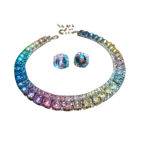 unbranded Jewelry - Rainbow Crystal Choker Necklace & Rivoli Stud Earrings Jewelry Set